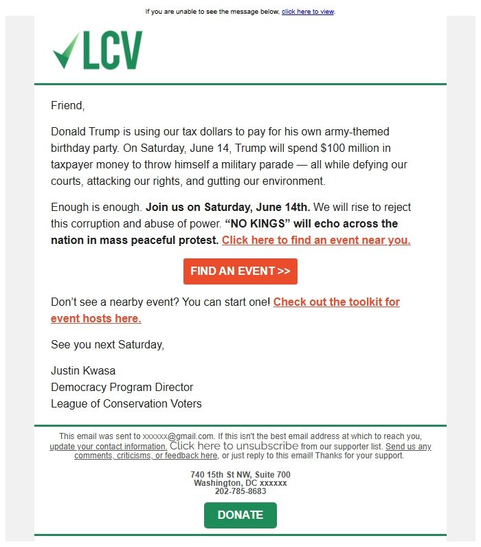 Screenshot of the email generated on import
