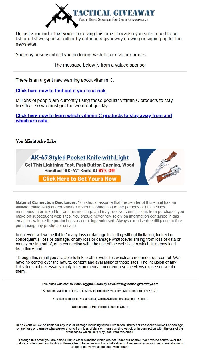 Screenshot of the email generated on import