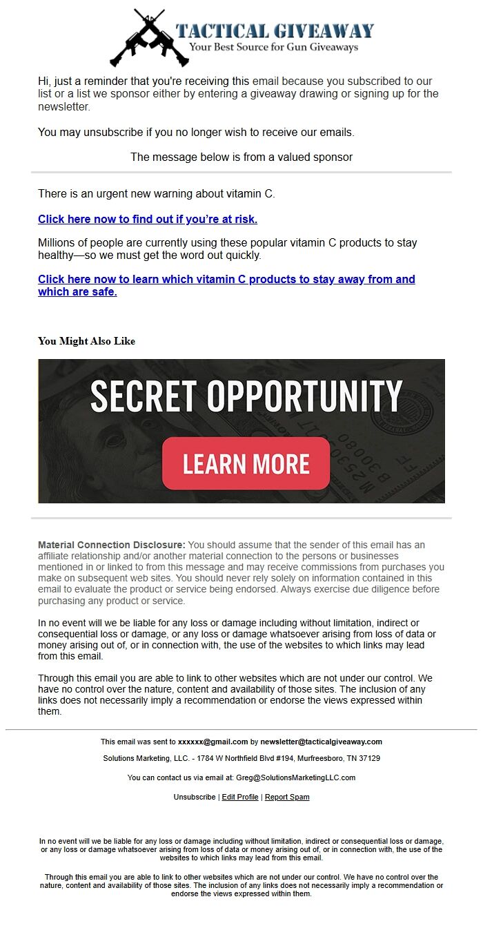 Screenshot of the email generated on import