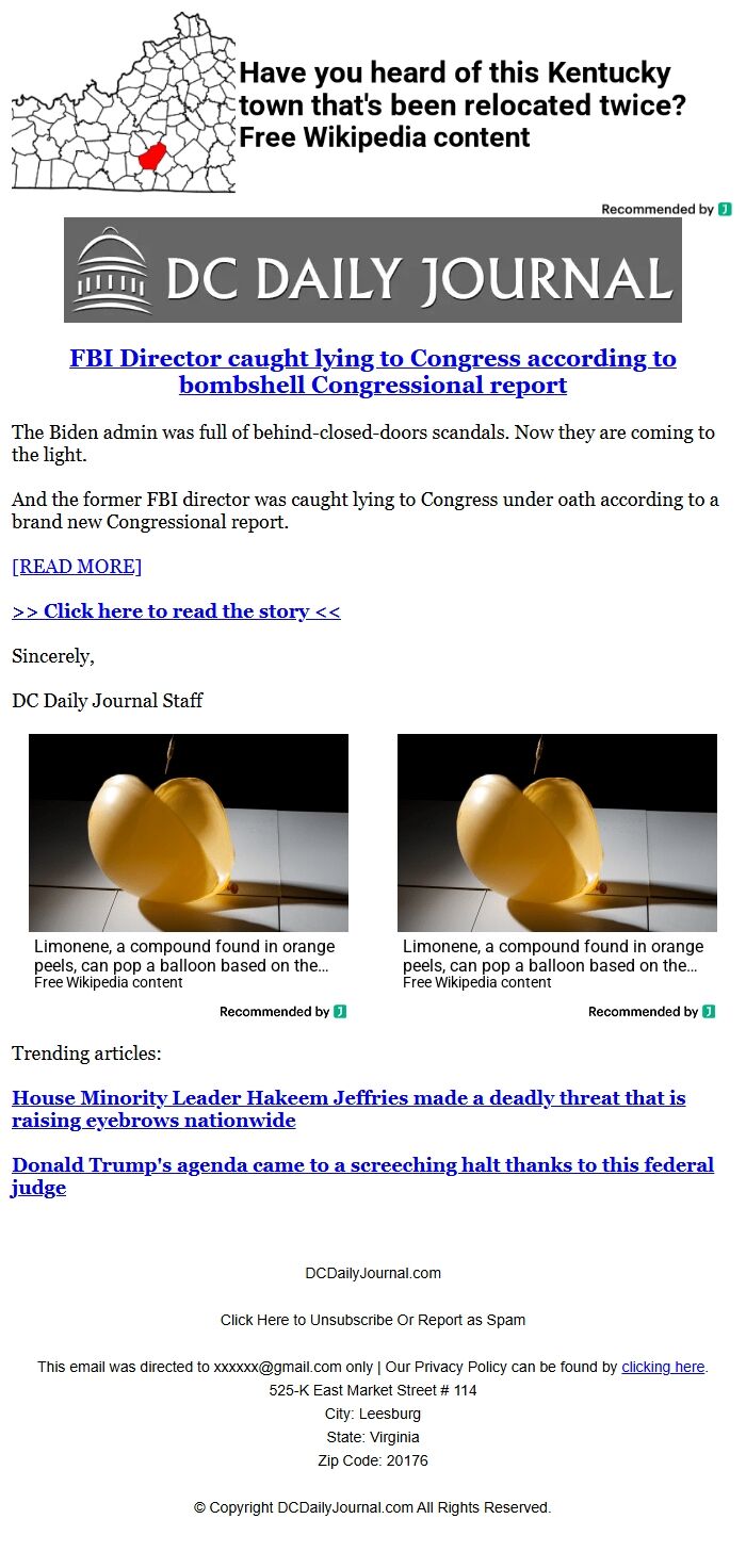 Screenshot of the email generated on import