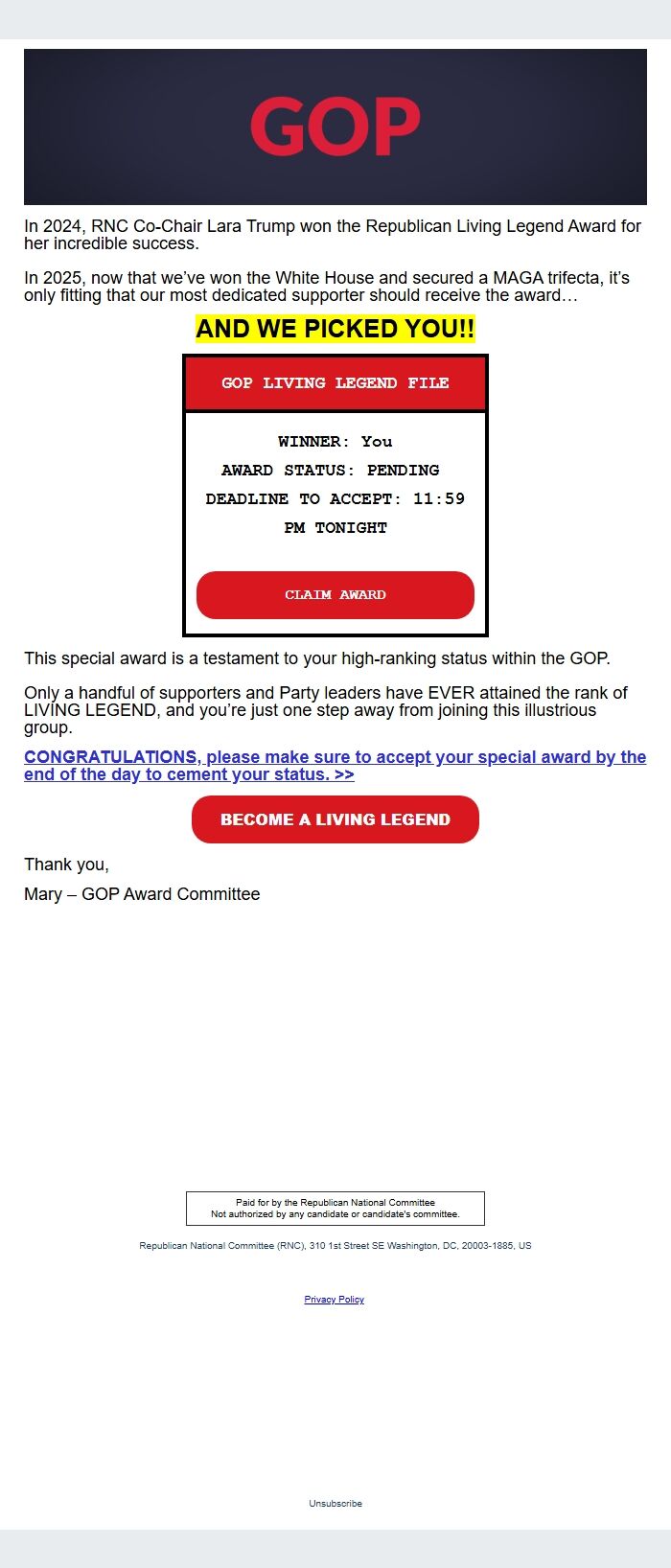 Screenshot of the email generated on import