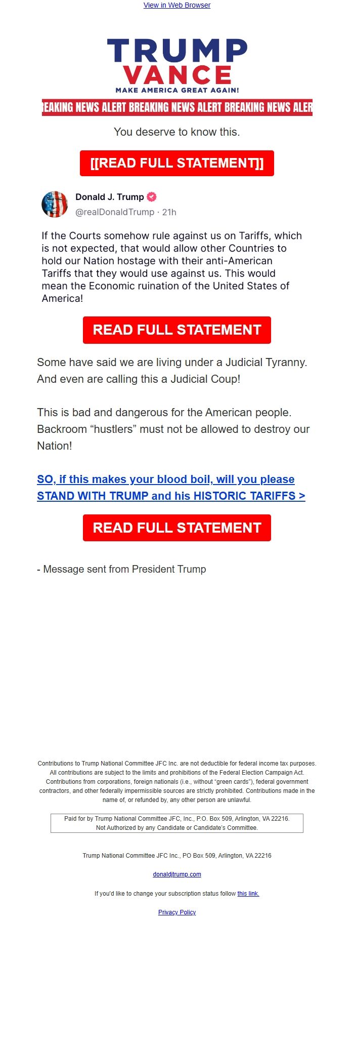 Screenshot of the email generated on import