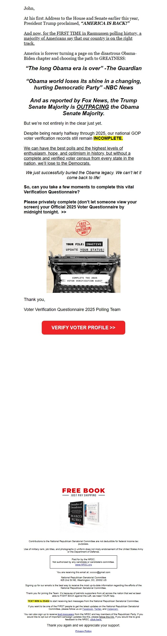 Screenshot of the email generated on import