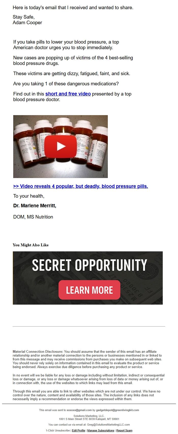 Screenshot of the email generated on import