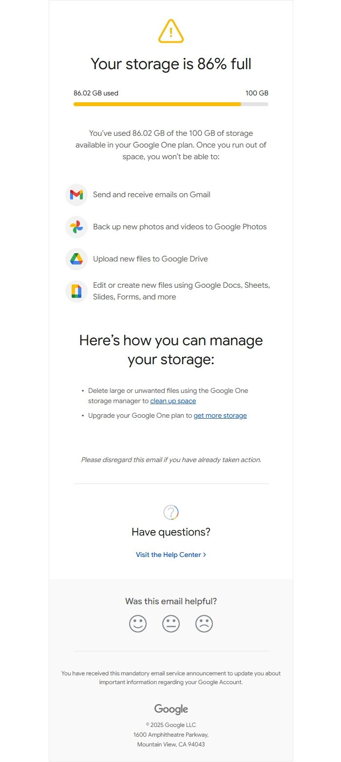 Screenshot of the email generated on import