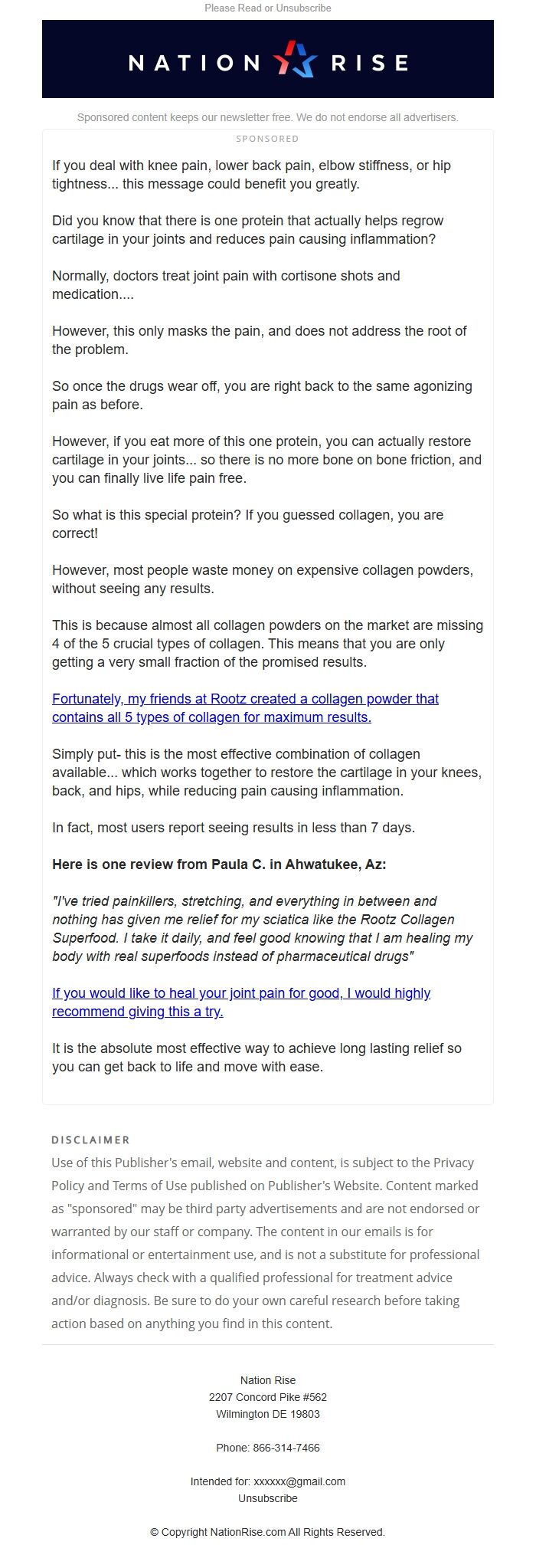 Screenshot of the email generated on import