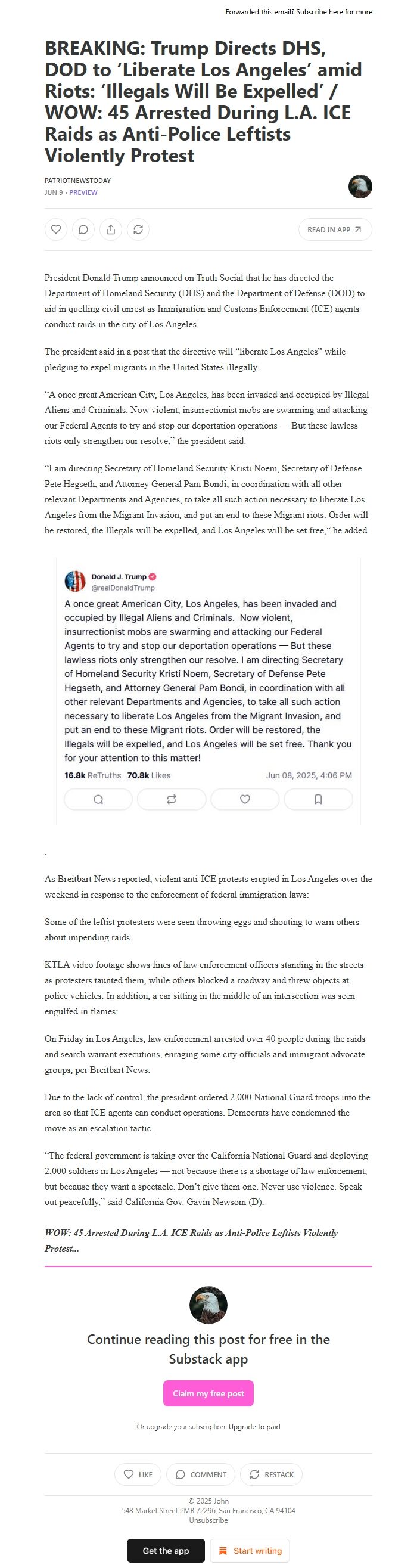 Screenshot of the email generated on import