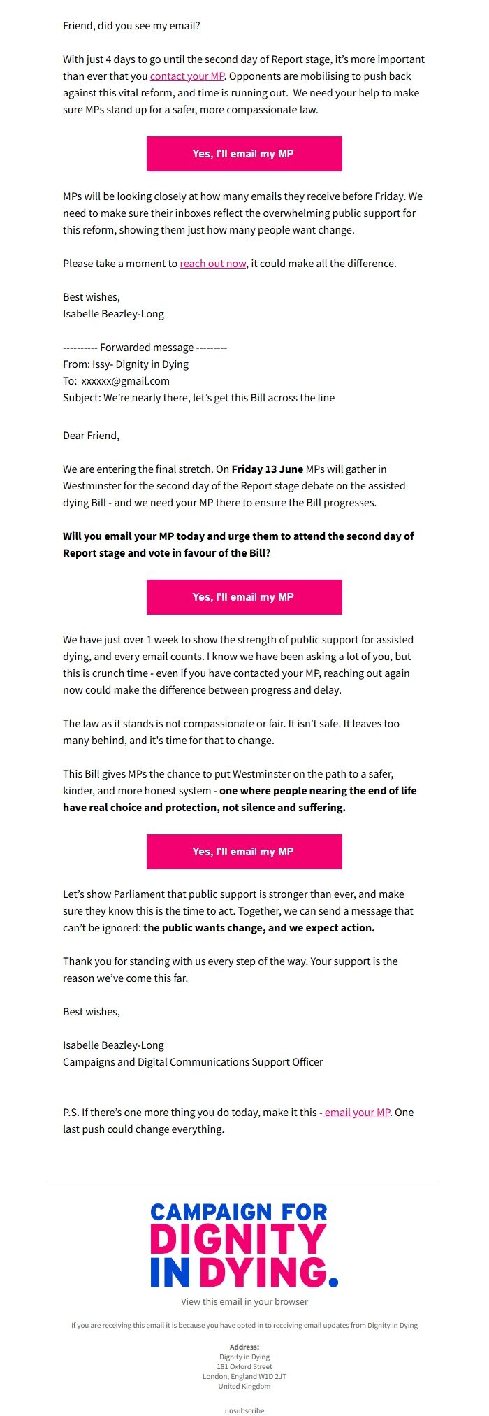 Screenshot of the email generated on import