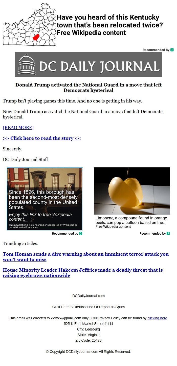 Screenshot of the email generated on import