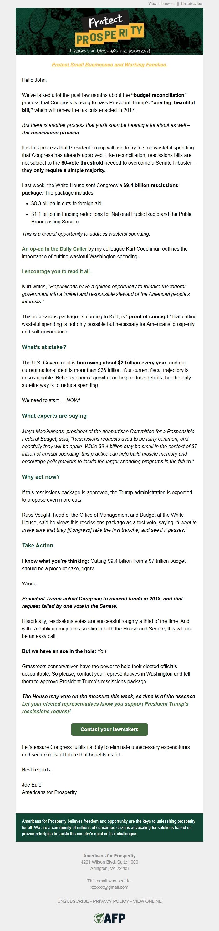 Screenshot of the email generated on import