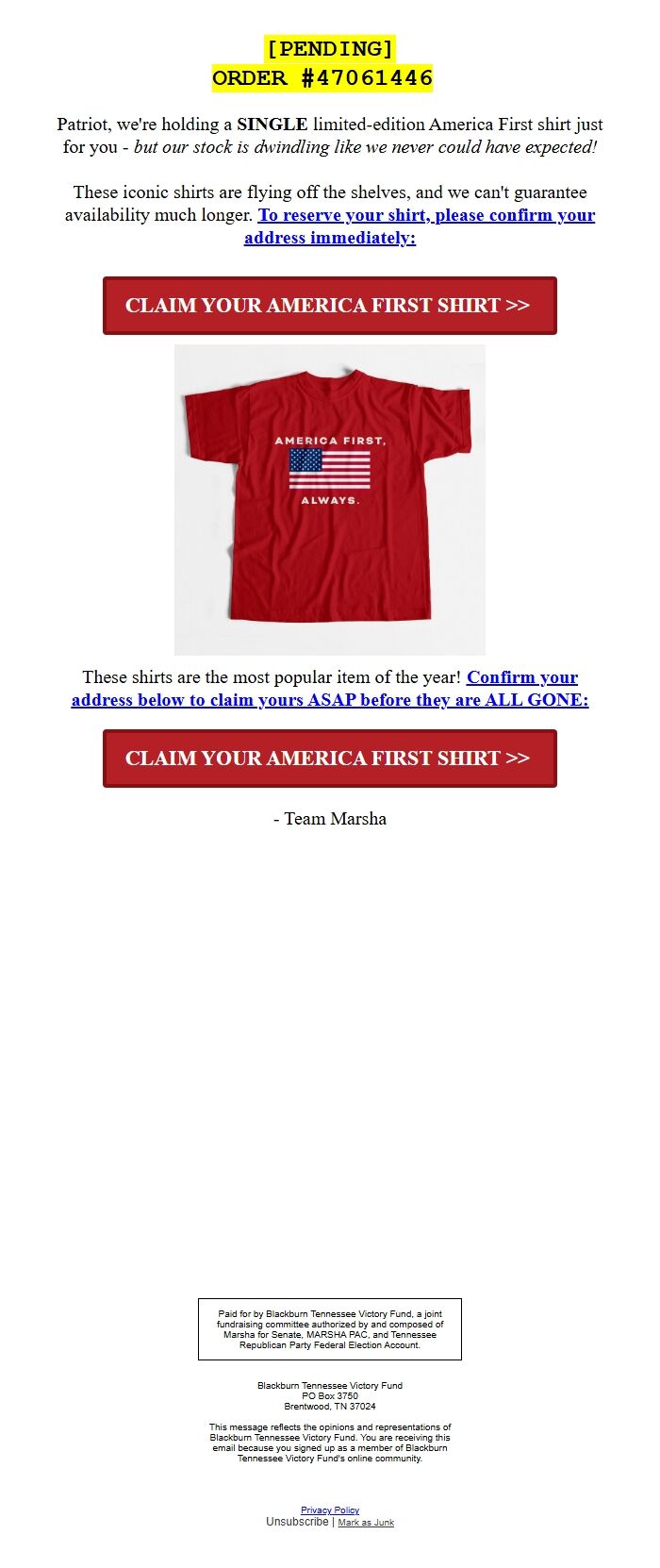 Screenshot of the email generated on import