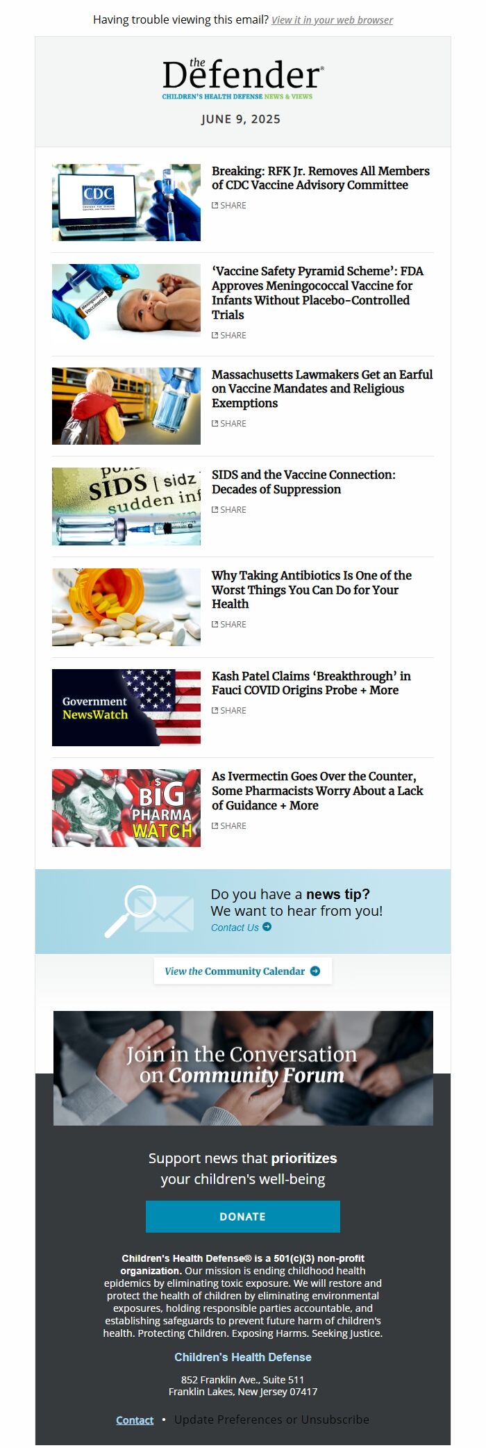 Screenshot of the email generated on import