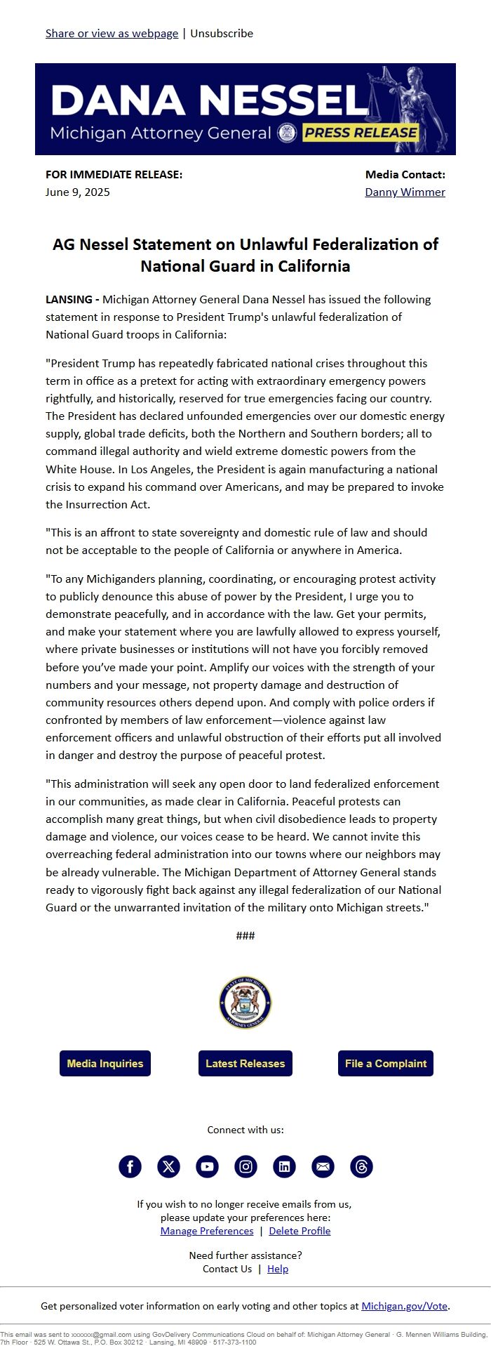 Screenshot of the email generated on import