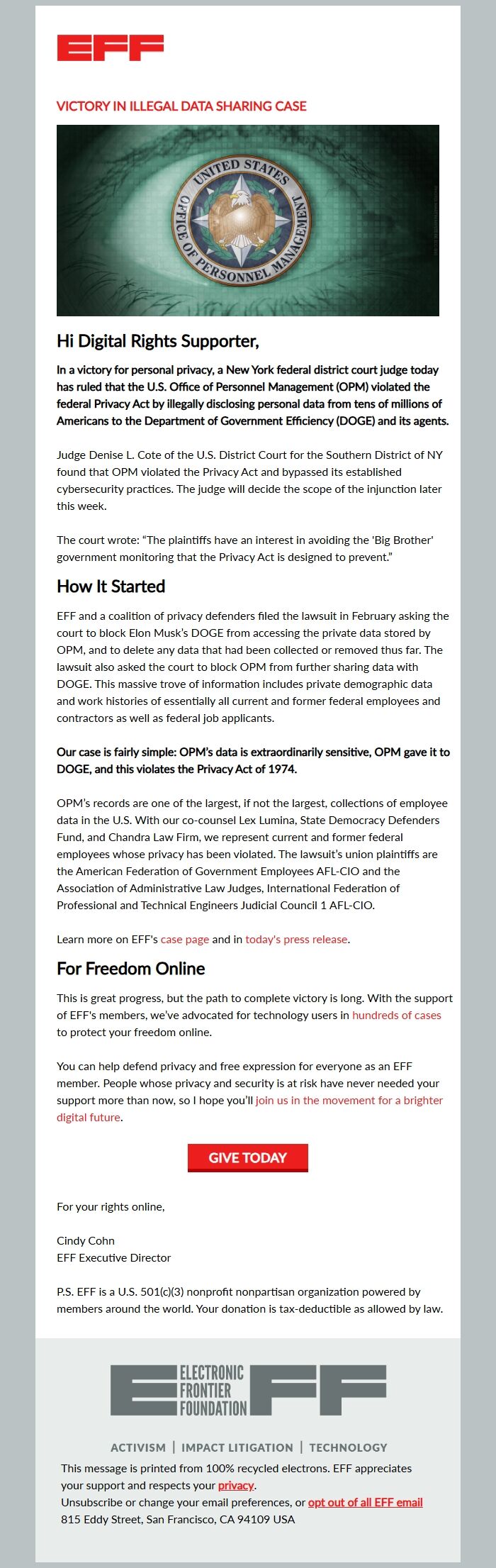 Screenshot of the email generated on import