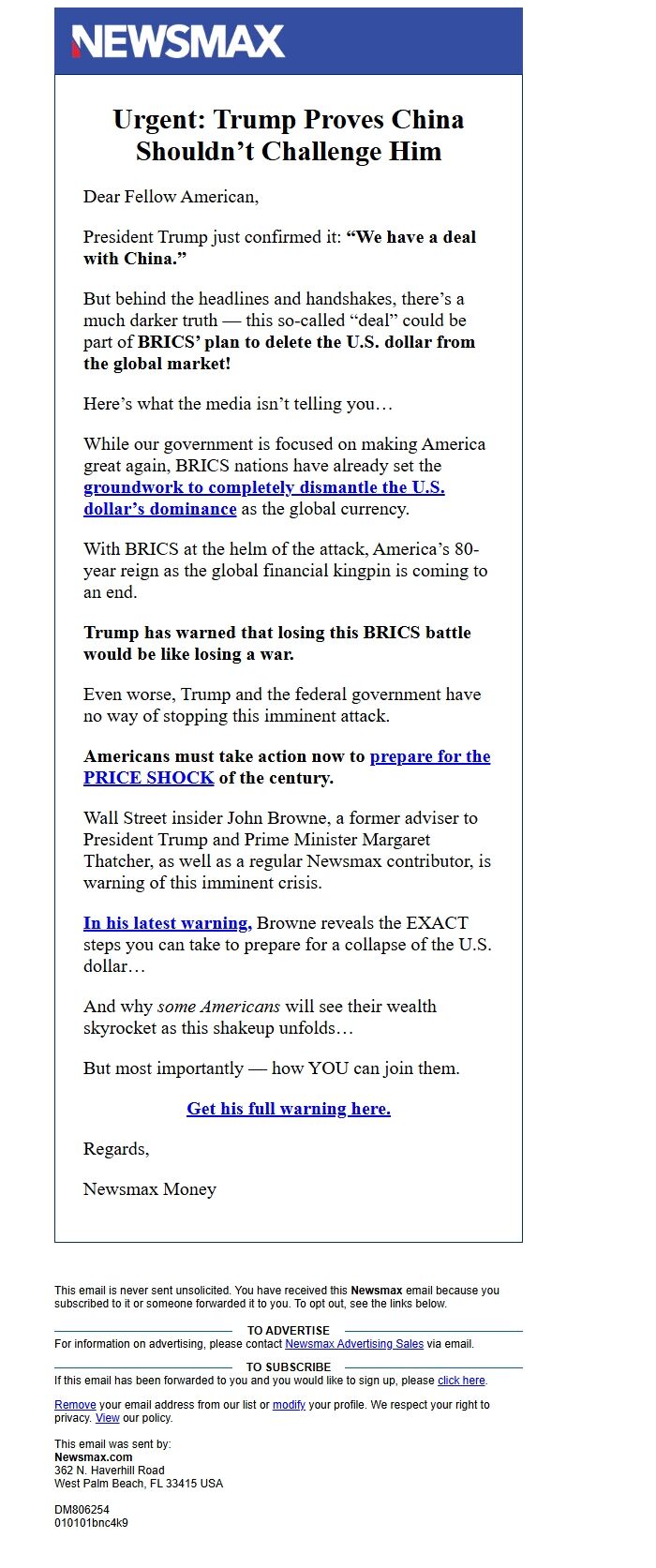 Screenshot of the email generated on import