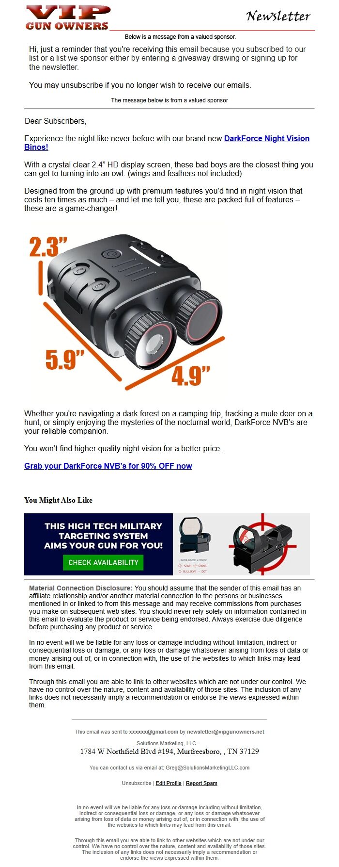 Screenshot of the email generated on import