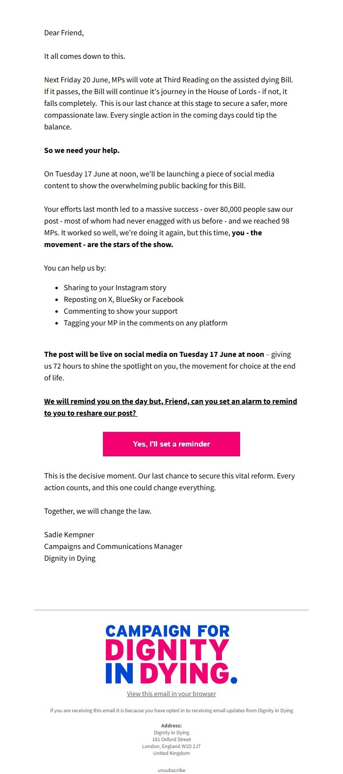 Screenshot of the email generated on import