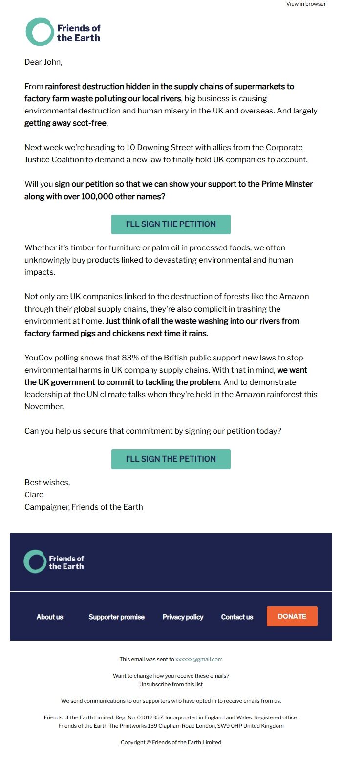 Screenshot of the email generated on import
