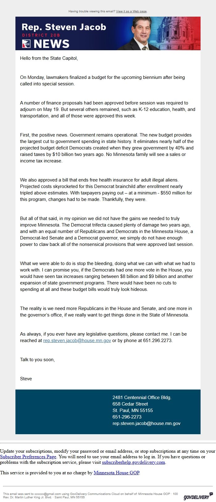 Screenshot of the email generated on import
