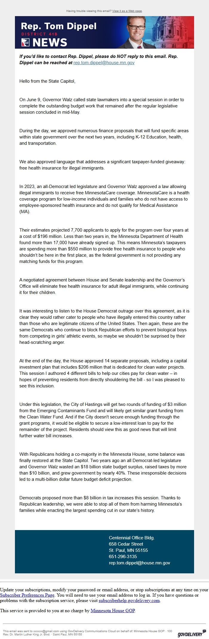 Screenshot of the email generated on import