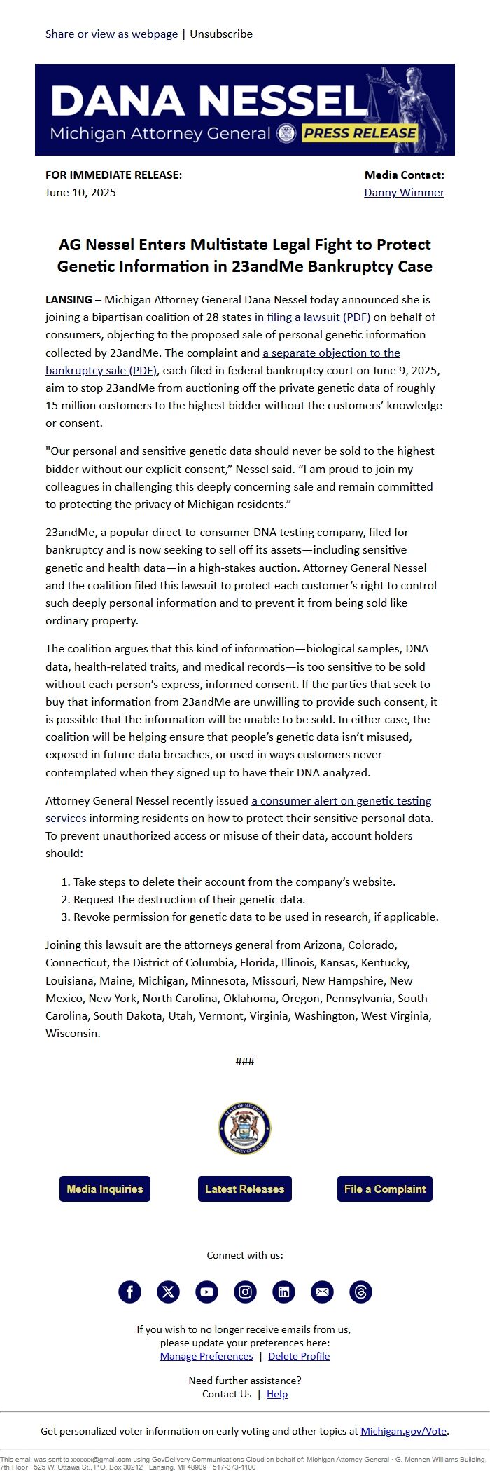 Screenshot of the email generated on import