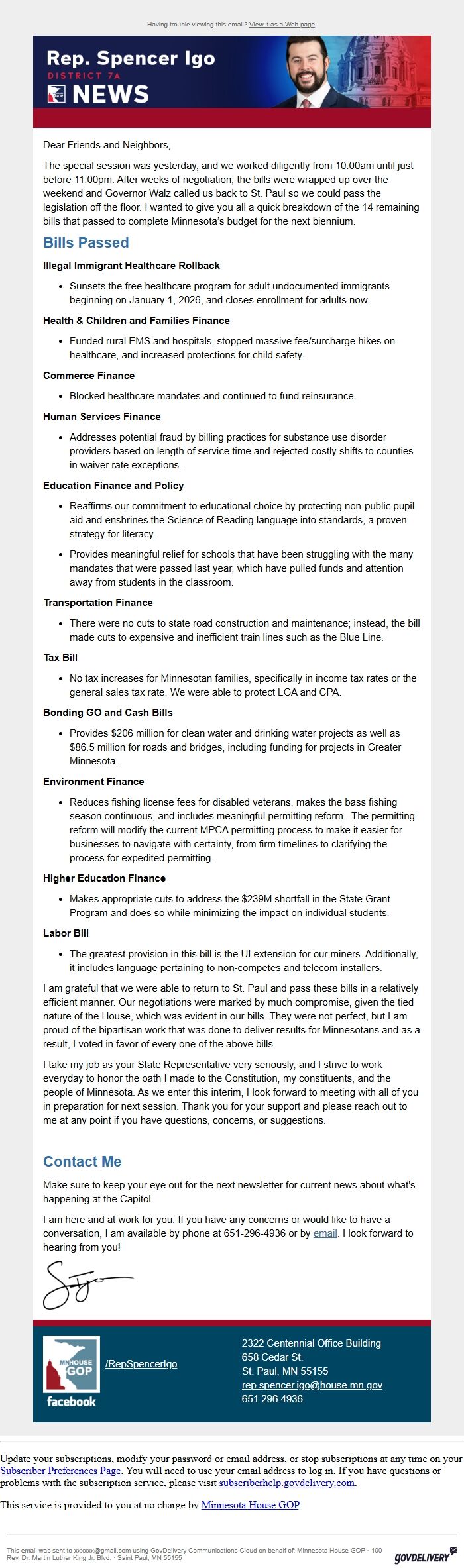 Screenshot of the email generated on import
