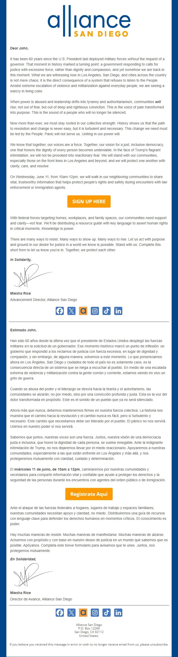 Screenshot of the email generated on import