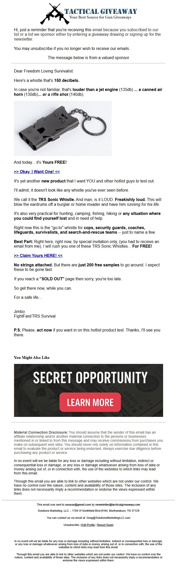 Screenshot of the email generated on import