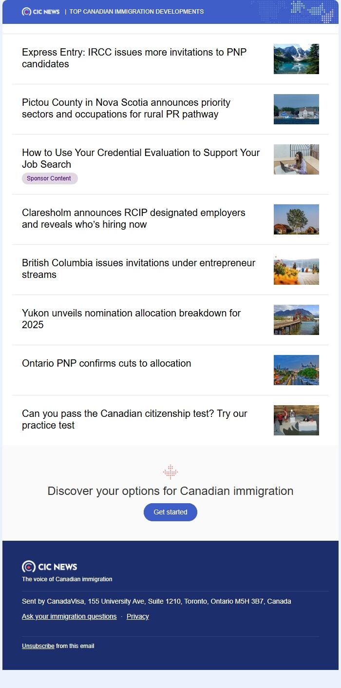 Screenshot of the email generated on import