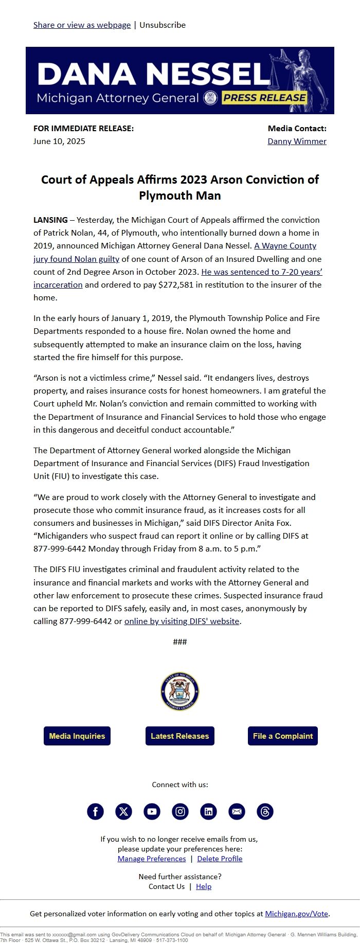 Screenshot of the email generated on import