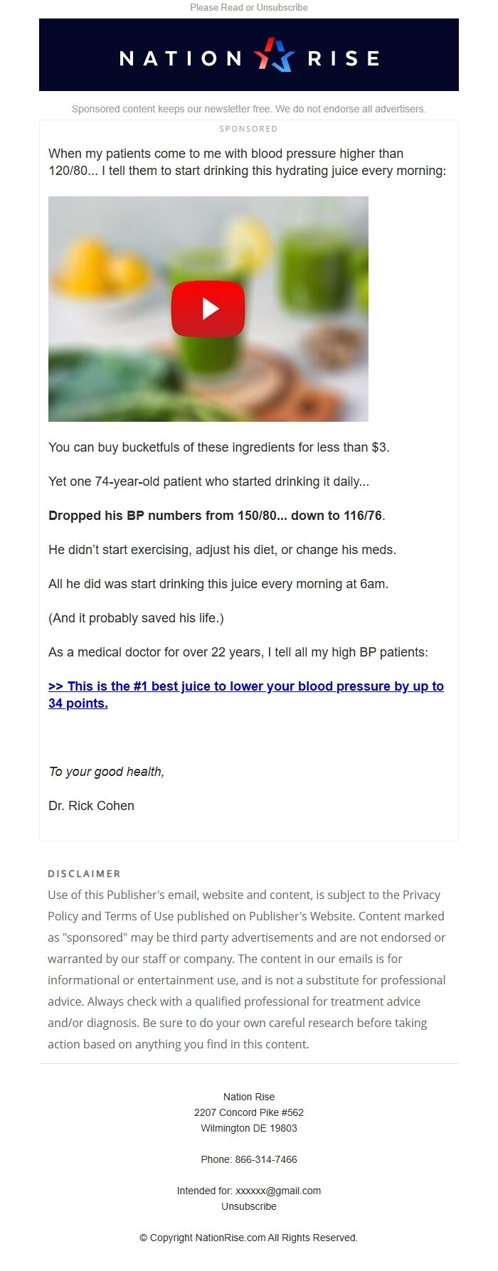 Screenshot of the email generated on import