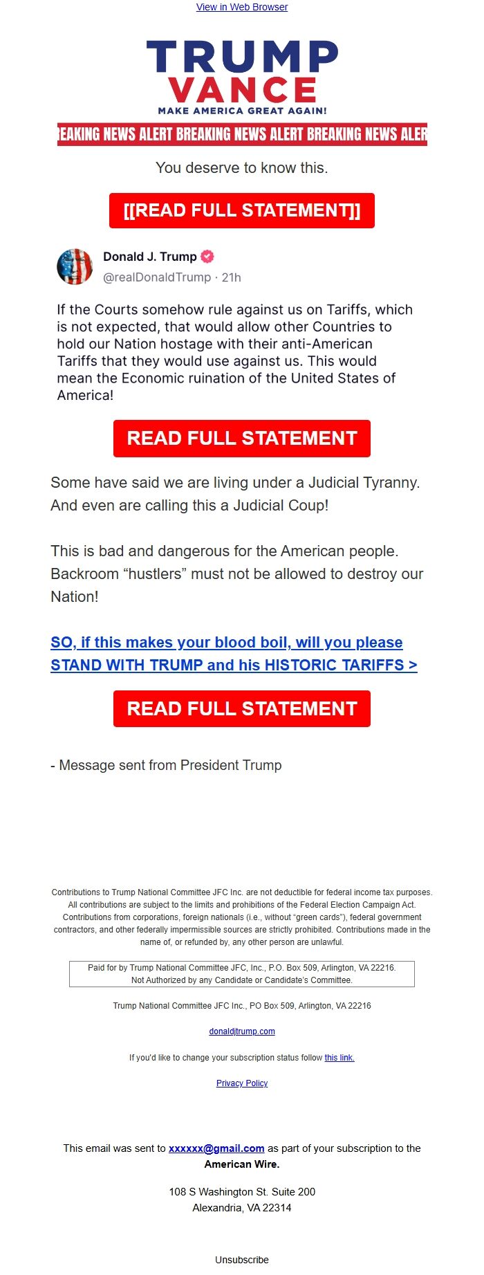 Screenshot of the email generated on import