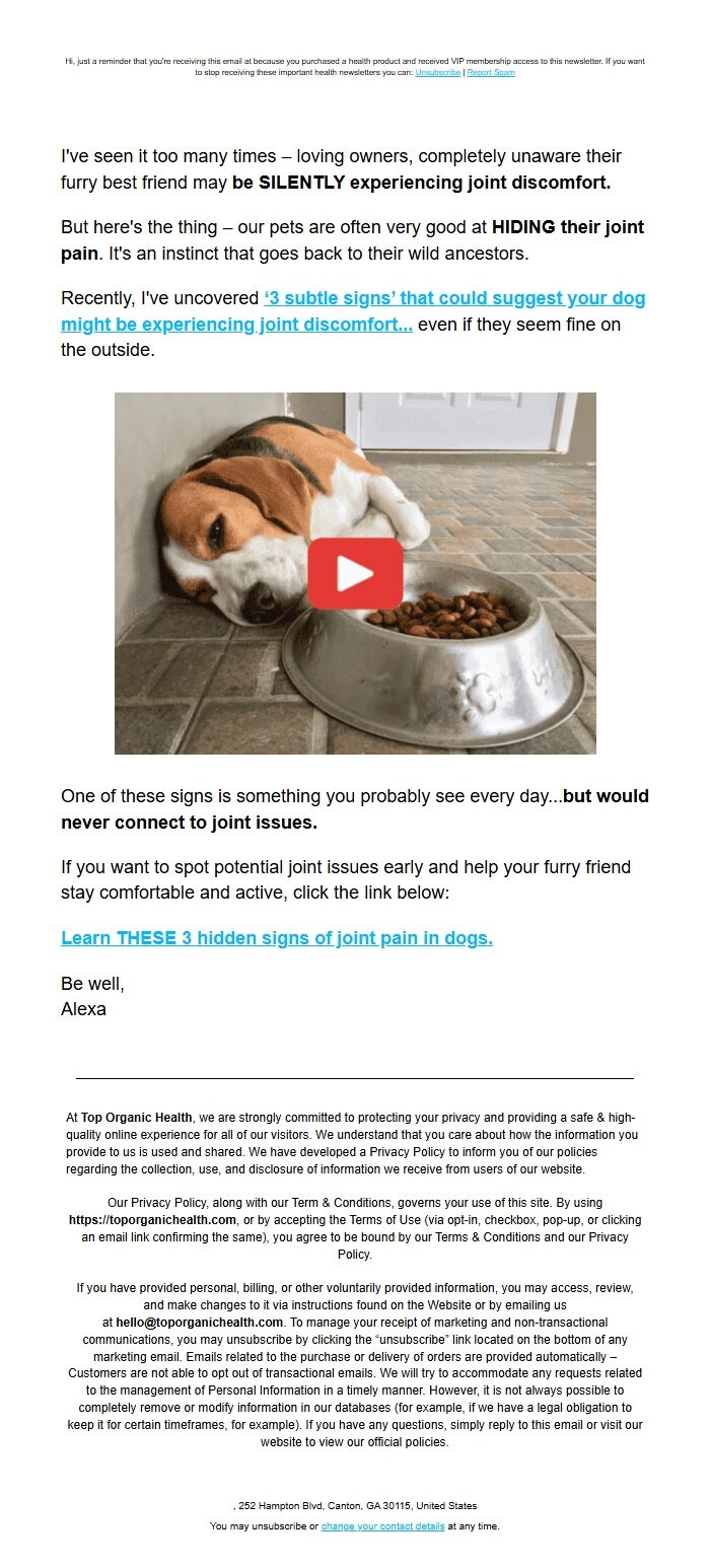 Screenshot of the email generated on import