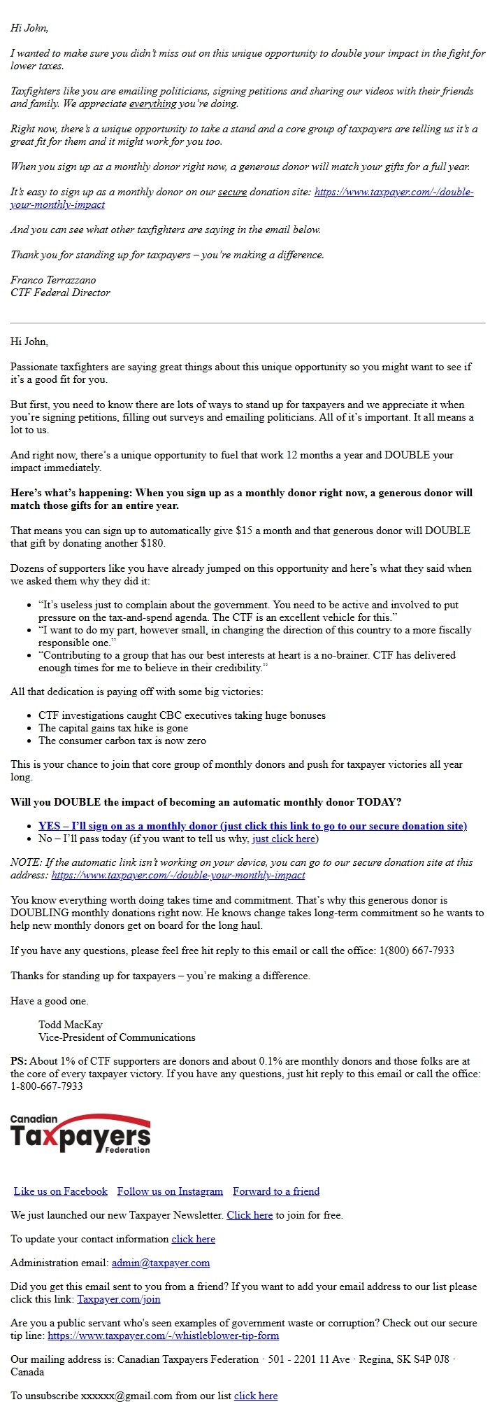 Screenshot of the email generated on import