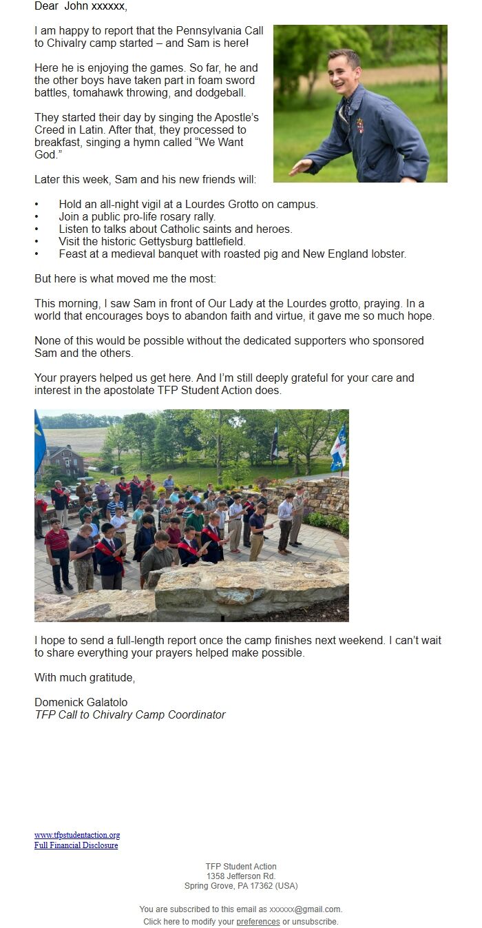 Screenshot of the email generated on import