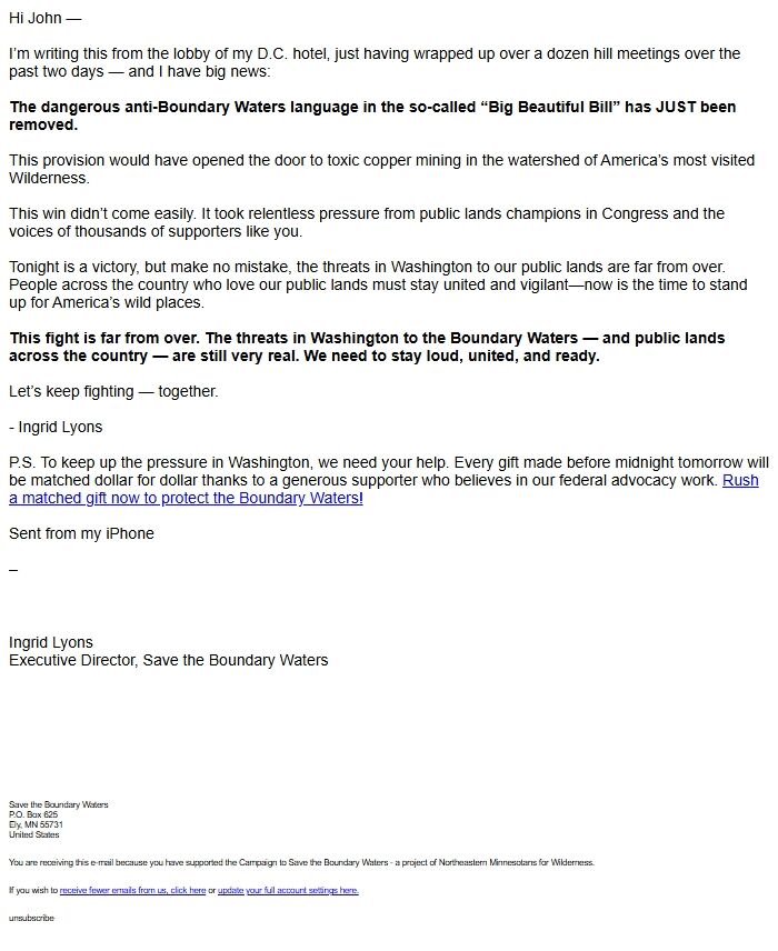 Screenshot of the email generated on import