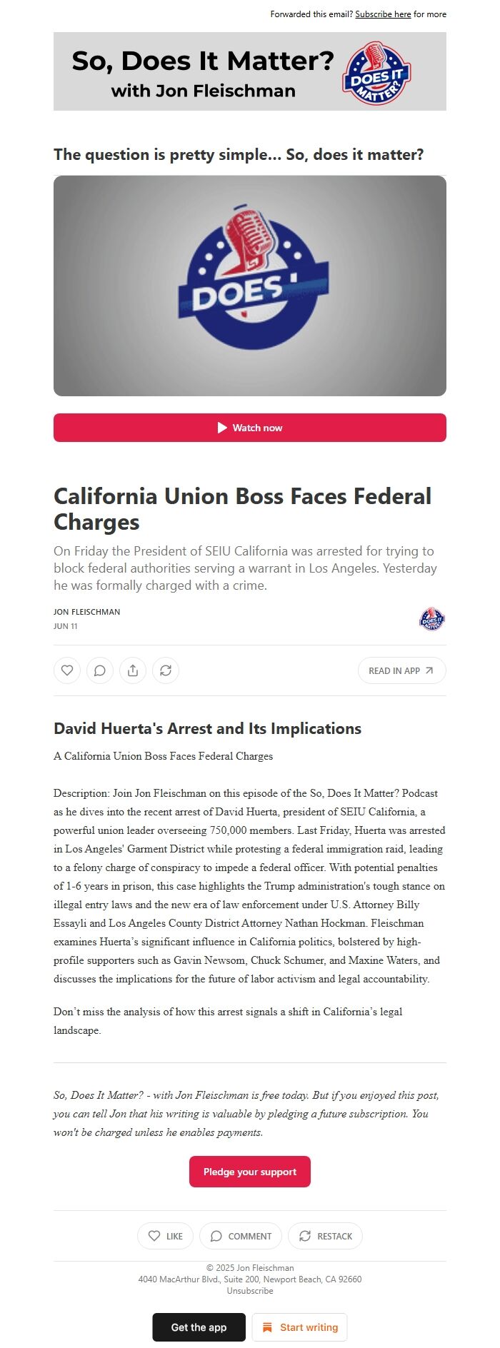 Screenshot of the email generated on import