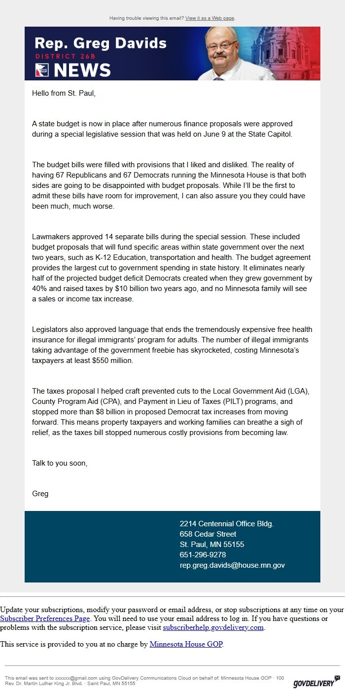 Screenshot of the email generated on import