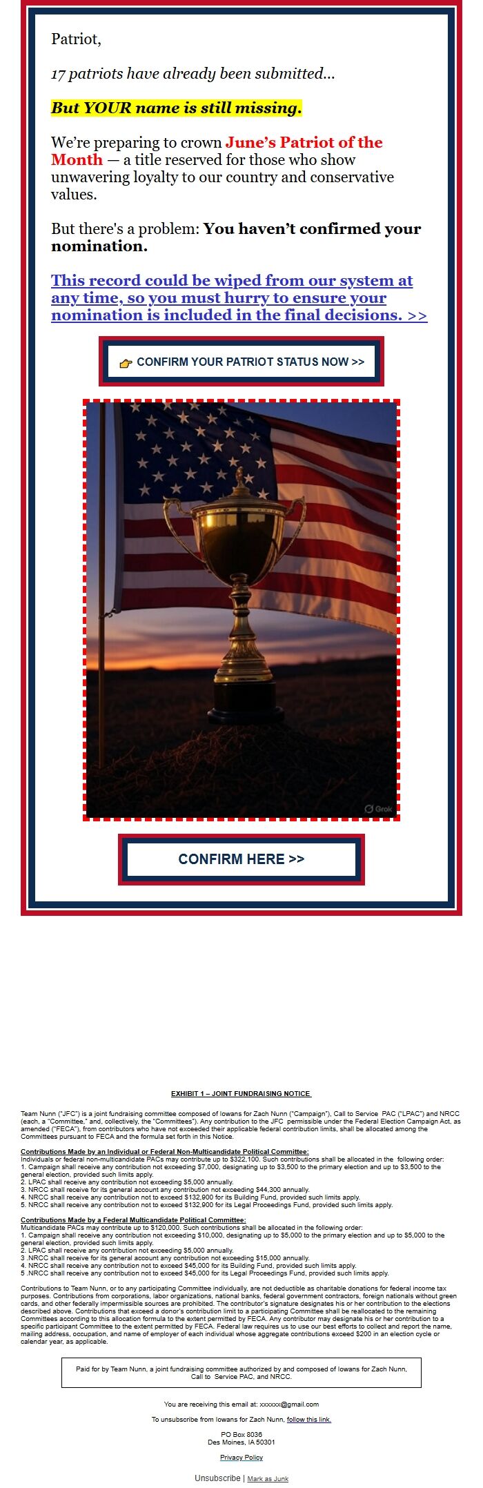 Screenshot of the email generated on import