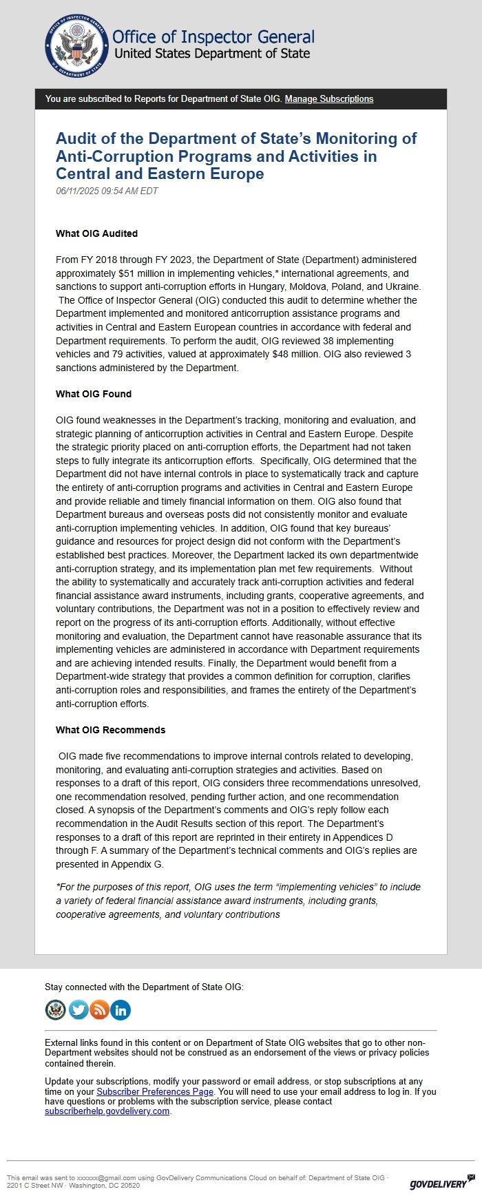 Screenshot of the email generated on import