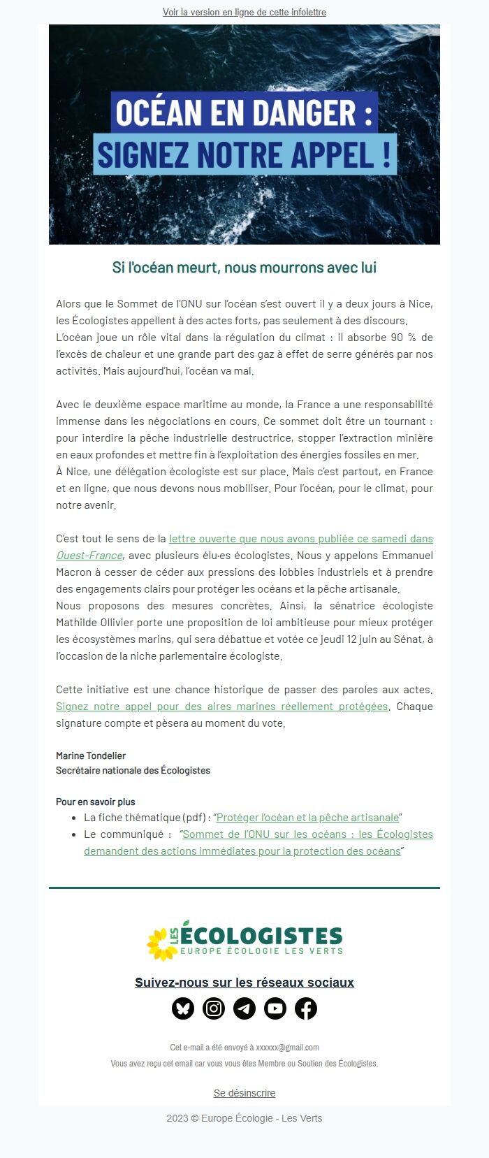 Screenshot of the email generated on import