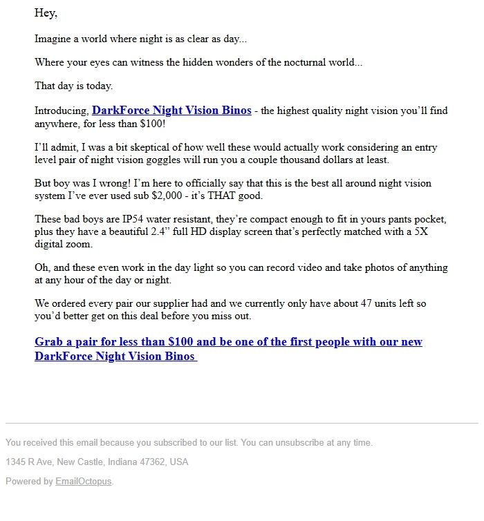 Screenshot of the email generated on import