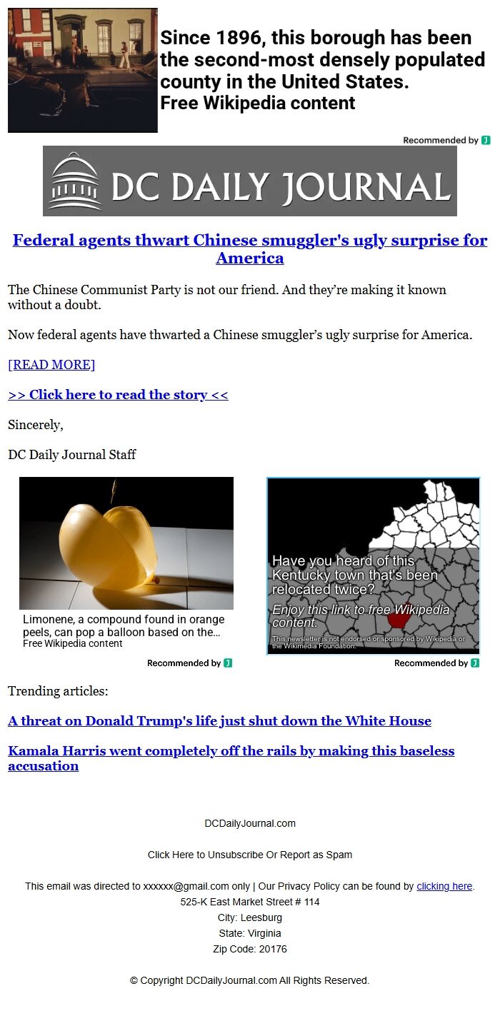 Screenshot of the email generated on import