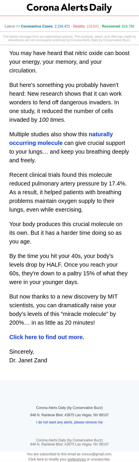 Screenshot of the email generated on import