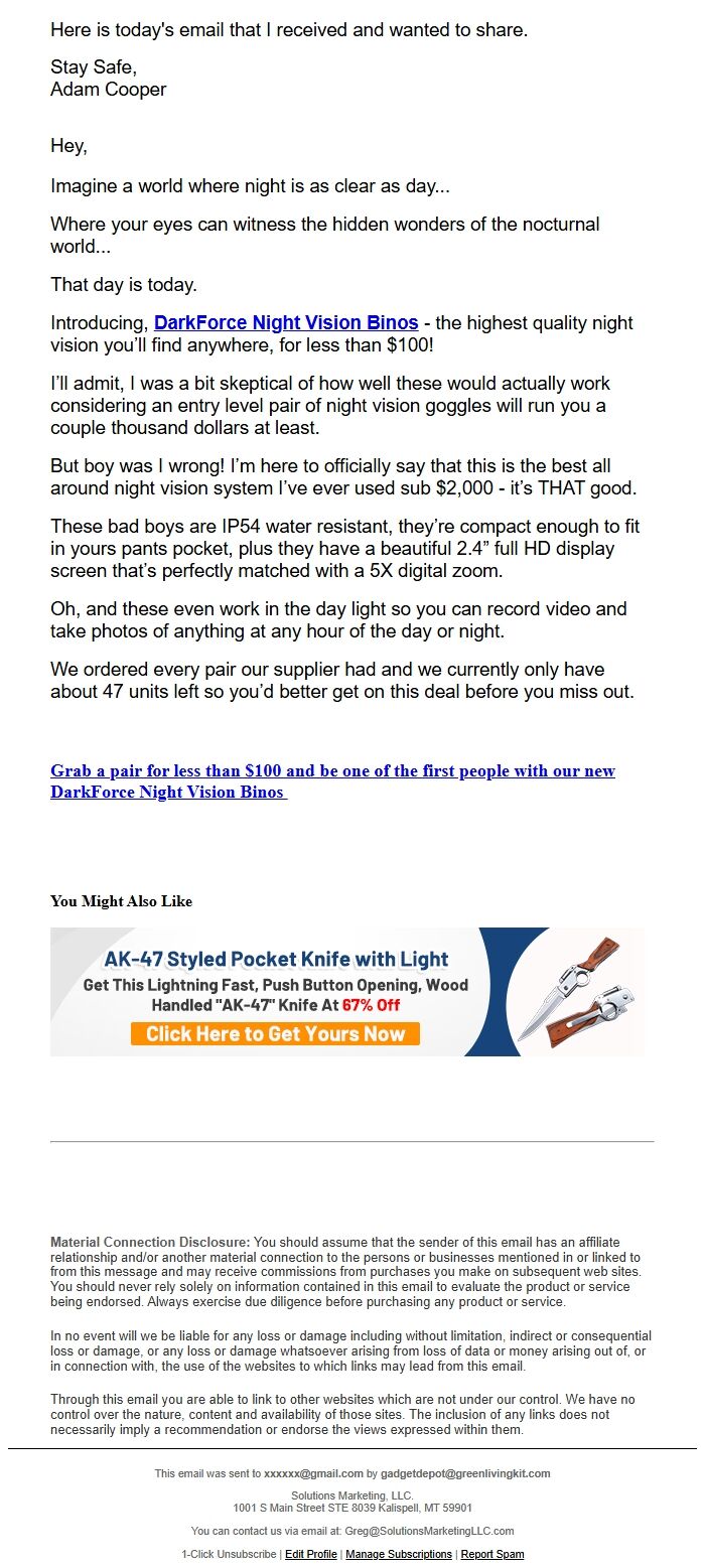Screenshot of the email generated on import