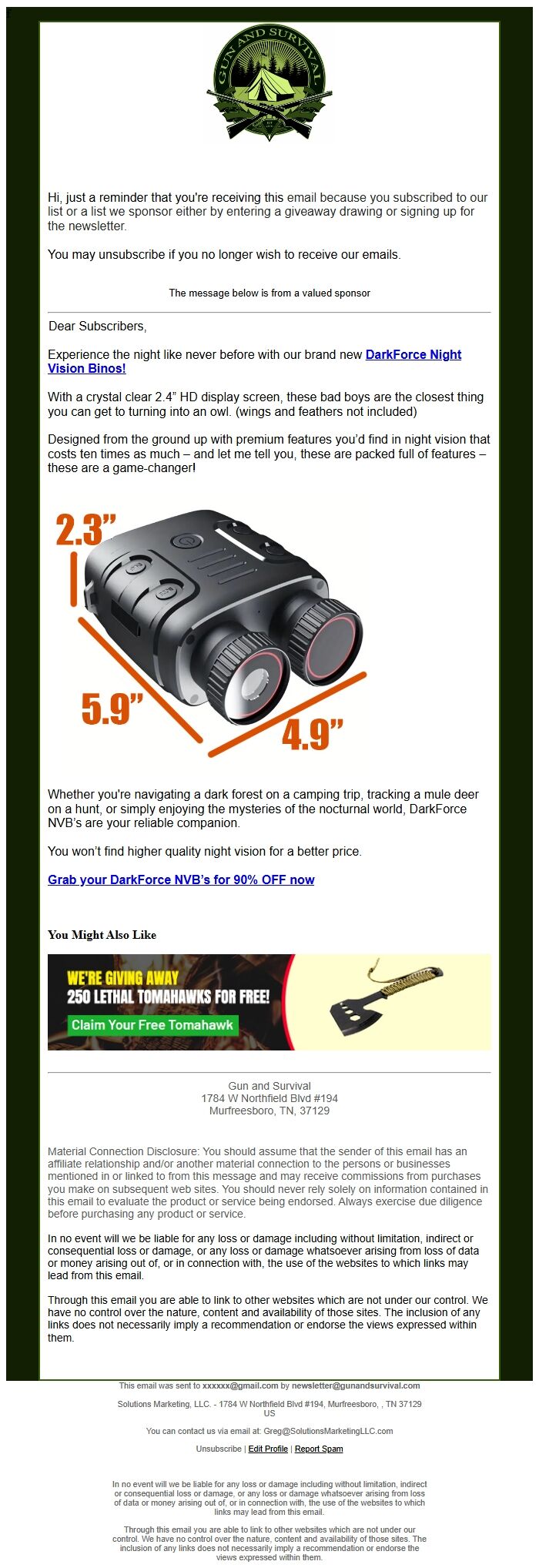 Screenshot of the email generated on import