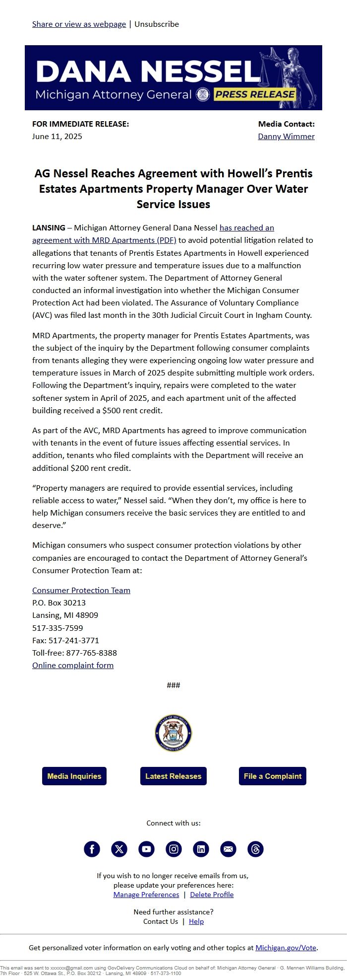 Screenshot of the email generated on import