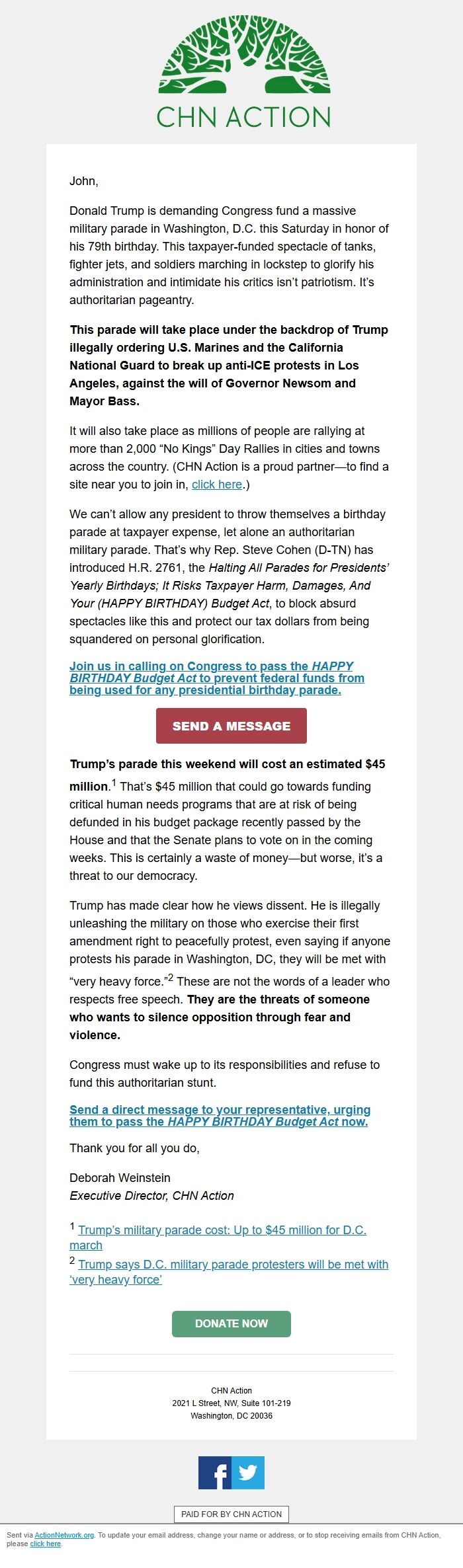 Screenshot of the email generated on import