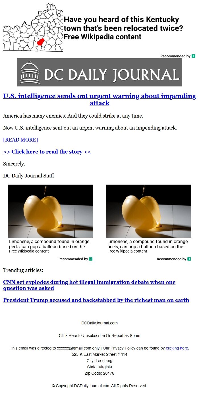 Screenshot of the email generated on import