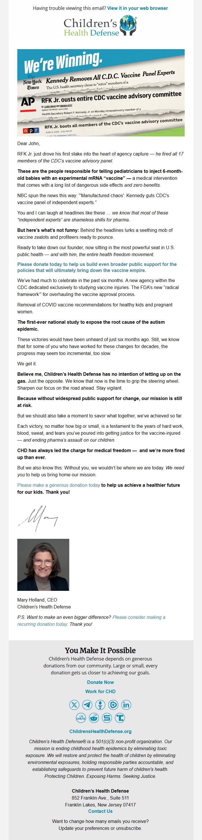 Screenshot of the email generated on import